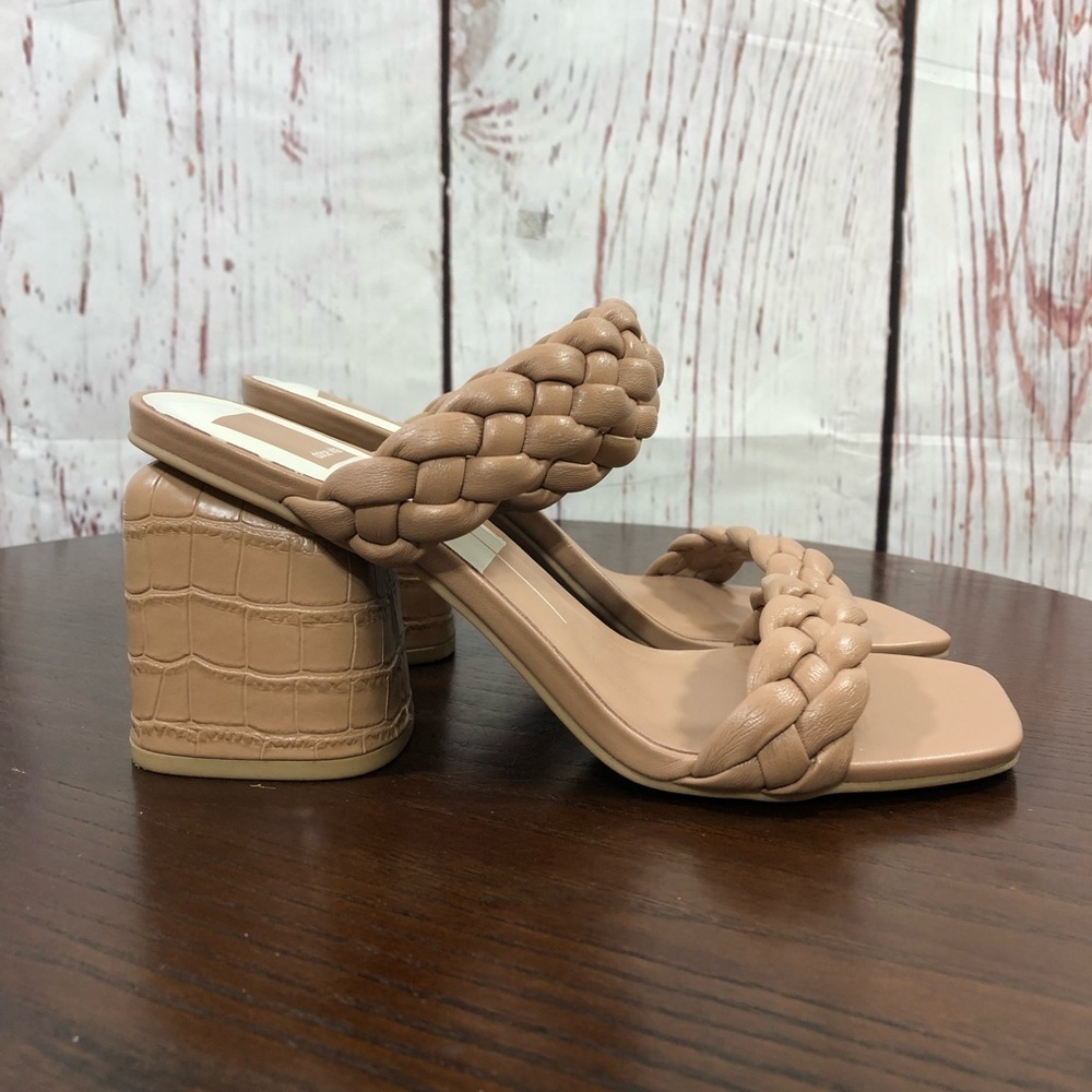 DOLCE VITA Braided leather Double-Strap Block Heel Sandals - Nude/Mauve 7.5